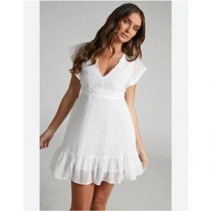 Showpo. Once Upon A Daydream V-Neck Flutter Sleeve Embroidered A Line Dress